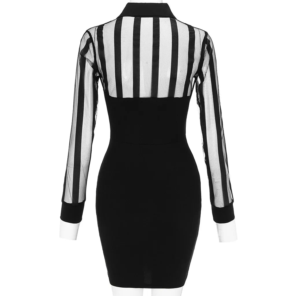 Women's Dresses Fashion Women Long Sleeve Sheer Striped Mesh Patchwork Bodycon Casual Work Dress