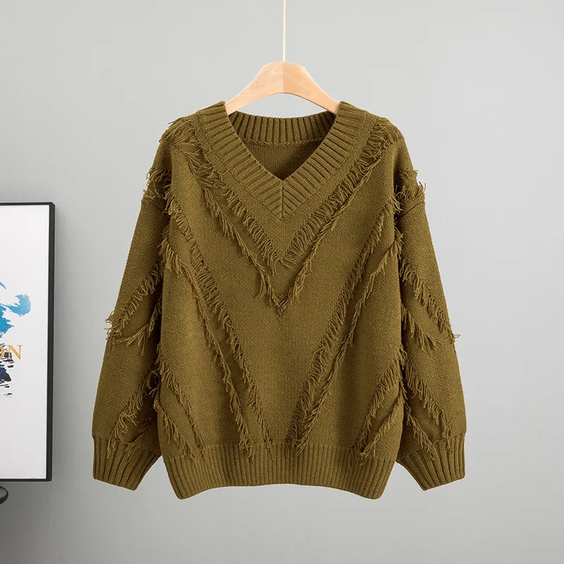 European and American New Women Clothing 2025 Autumn Lazy Wind Striped V-neck Sweater Loose Pullover Knitted Sweater Women