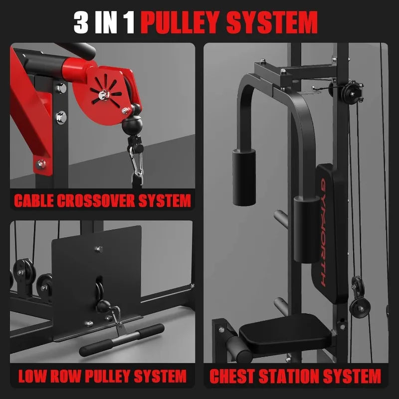 Power Rack with LAT Pulldown System, Power Cage with Cable System, Squat Rack for Home Gym with Chest Press Machine
