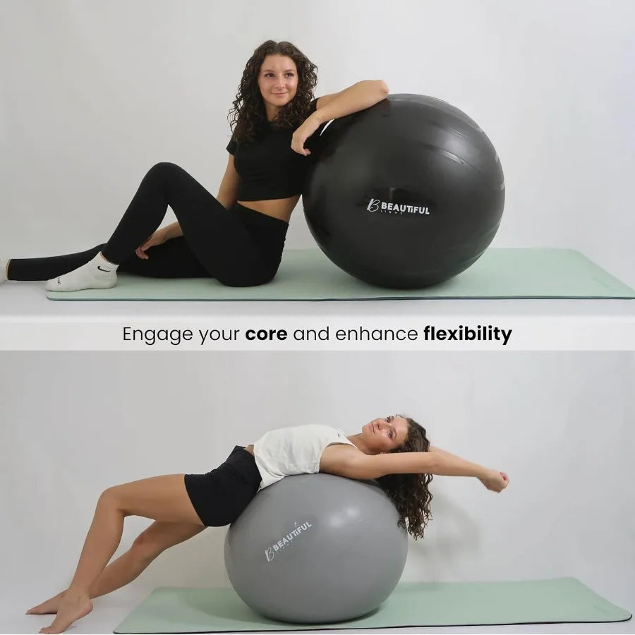 Extra thick and durable yoga ball with antislip matte texture designed for versatile fitness applications including yoga pilate