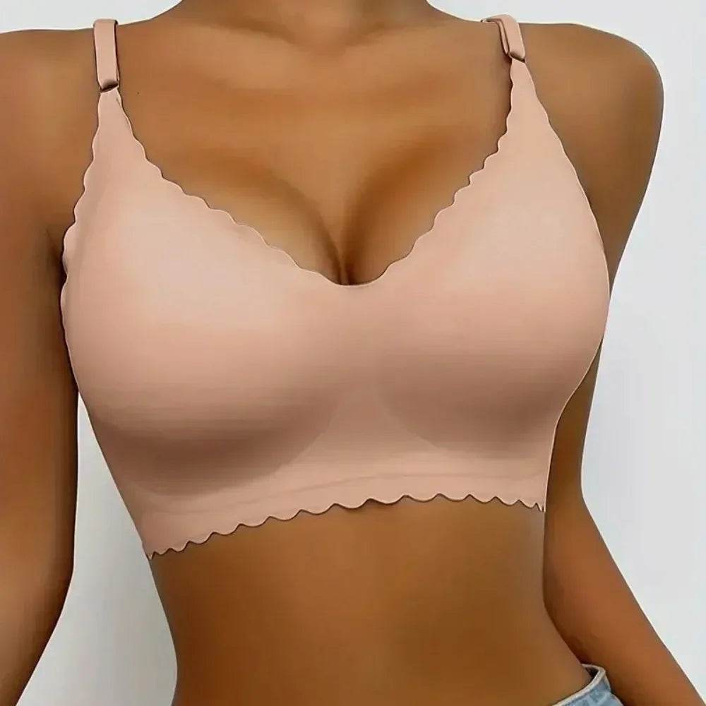 Hot Sale 6 Colors New Ice Silk Underwear Comfy Bra WireFree Padded Wavy Edge Invisible Yoga Wear Ladies Bra Seamless Women Bra