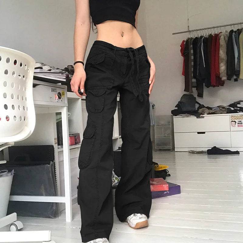 European and American trend: women's clothing, casual street style, loose waistband, high waist, multiple pockets, gray wide leg