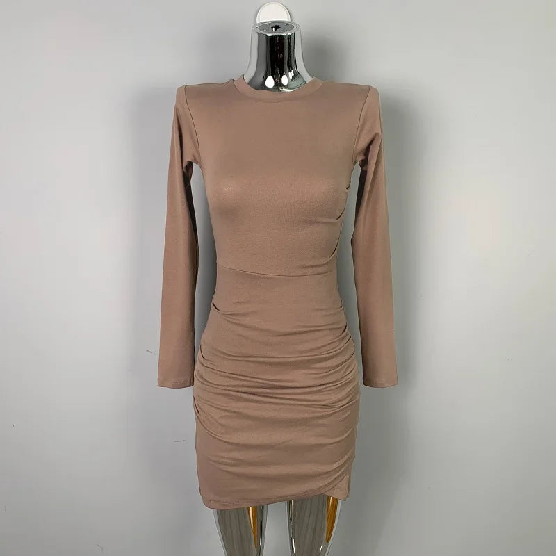 Women's Dresses 2025 Spring Autumn Casual Fitting Slim Plain Ruched Long Sleeve Crew Neck Mini Bodycon High Street Dress