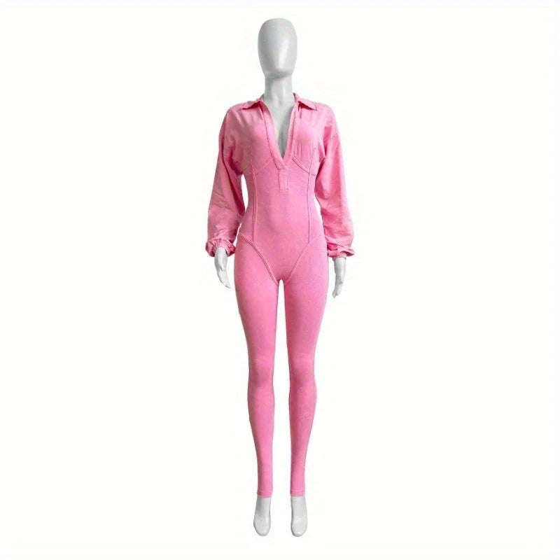 Costumes Accessories European and American Fashion Women's Clothing Washed and Worn Deep V Tight Long-sleeved Autumn Jumpsuits