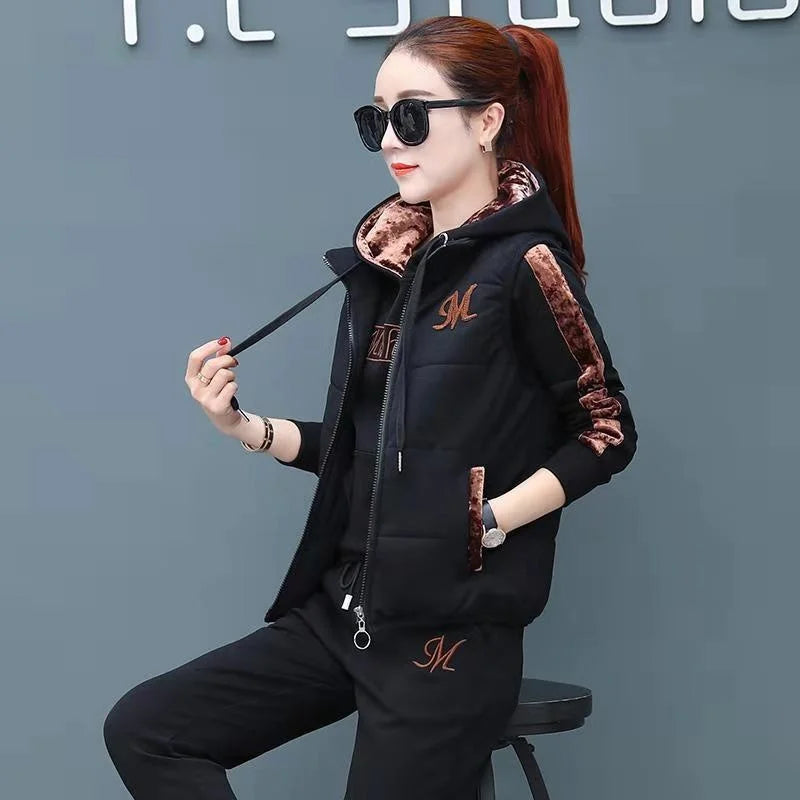 Women's Casual Fashion Autumn Winter New Sweat Suit Plush Thickened Hooded Tops and Waistcoat Pants 3 Three Piece Sets For Women