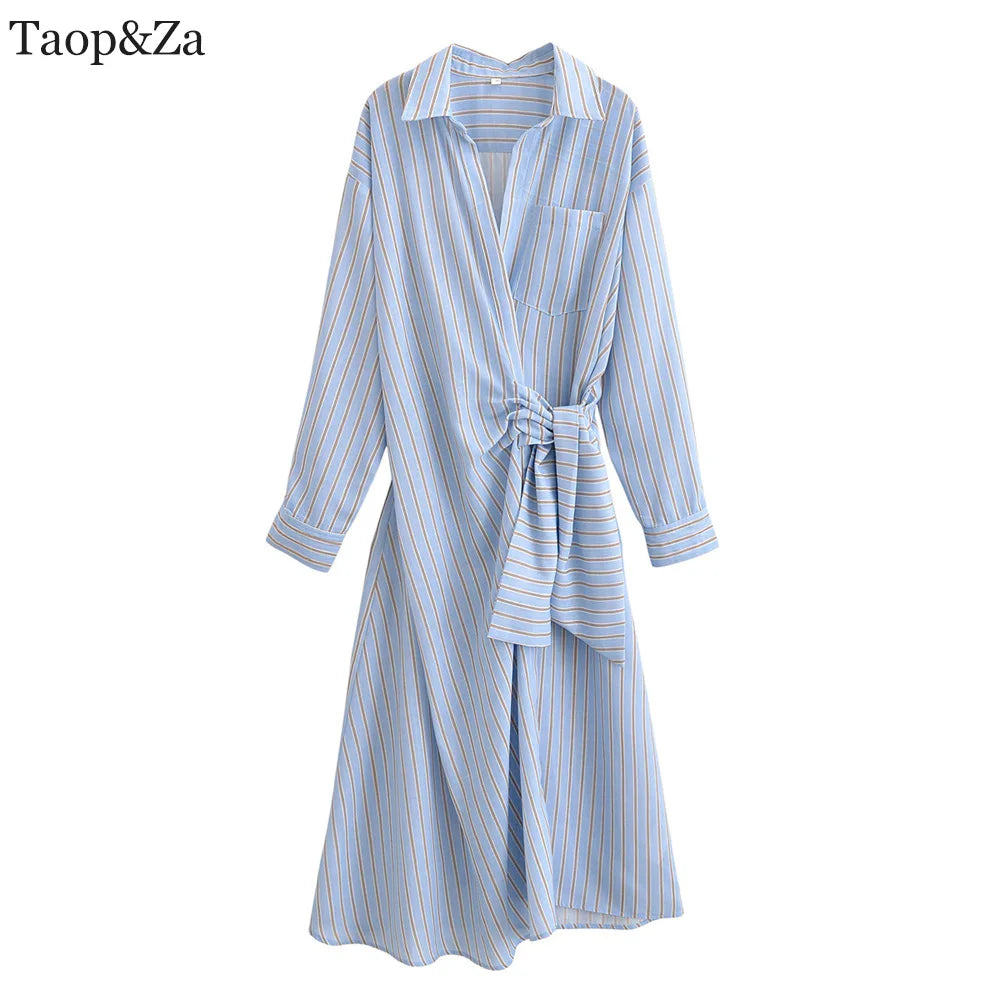 New women's clothing European and American style fashionable simple casual striped double breasted dress