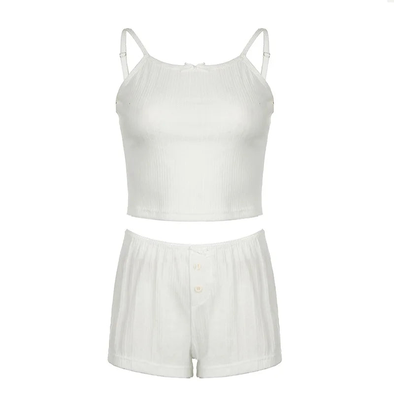 Stylish Sleepwear for Women Shorts Set Casual Minimalist Bow Detail Camisole and Shorts Breathable Two Piece Set Y2K