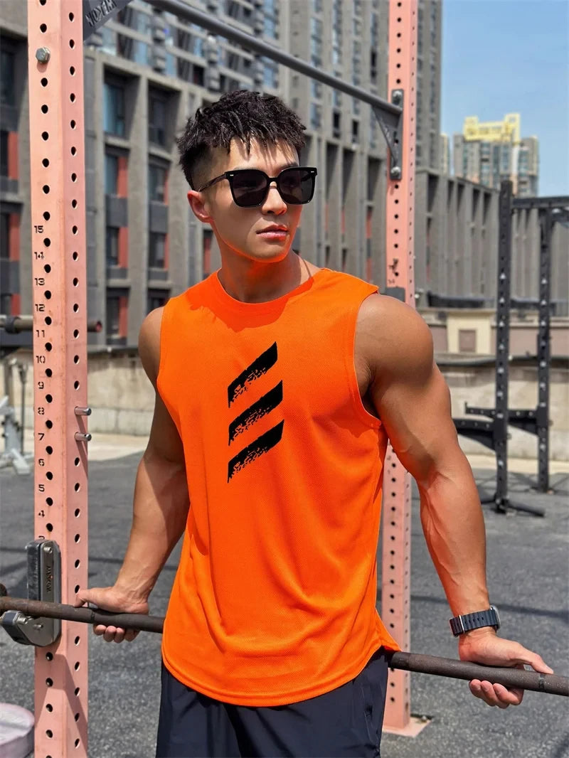 Sports Fitness Vest Sleeveless Quick Dry Breathable Running Top Trend Men's Pull-over Crewneck Mesh Vest Summer New Style