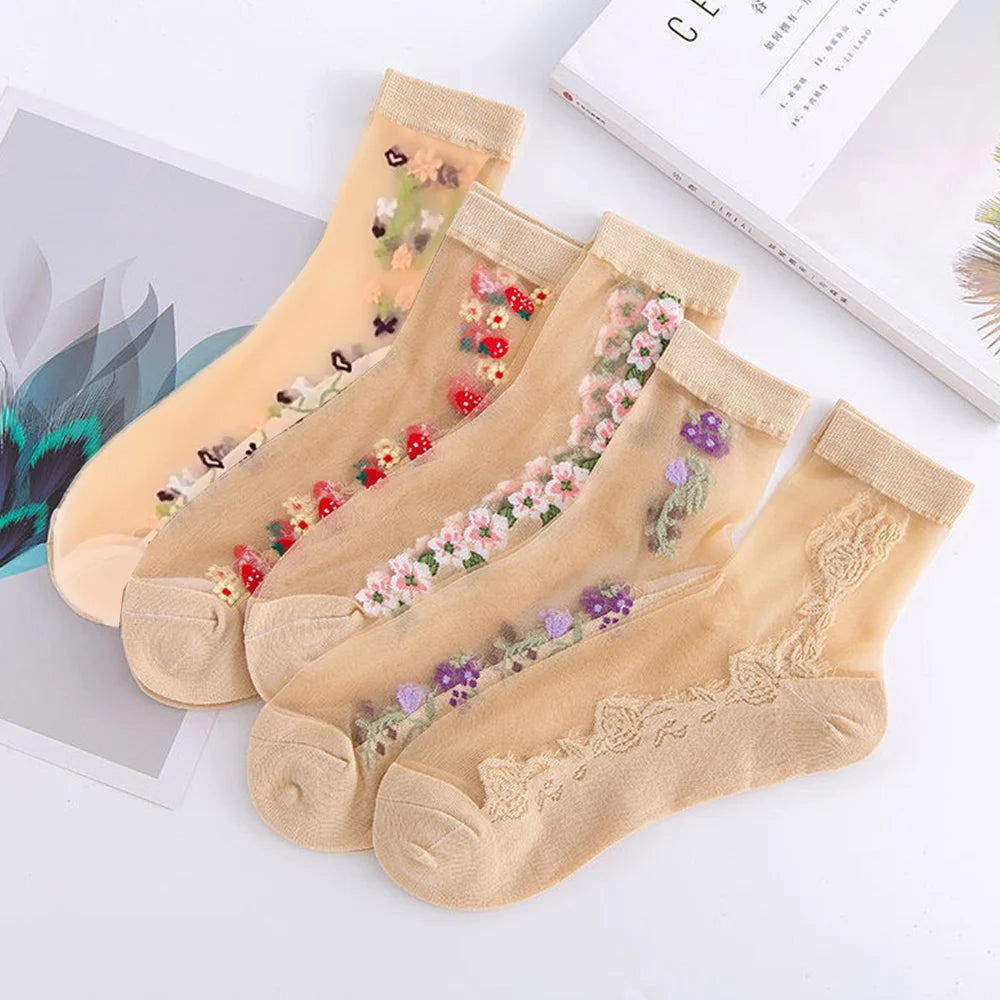 5 pairs of ice silk socks wholesale women's spring and summer mid tube socks breathable, anti slip, anti hook silk crystal thin