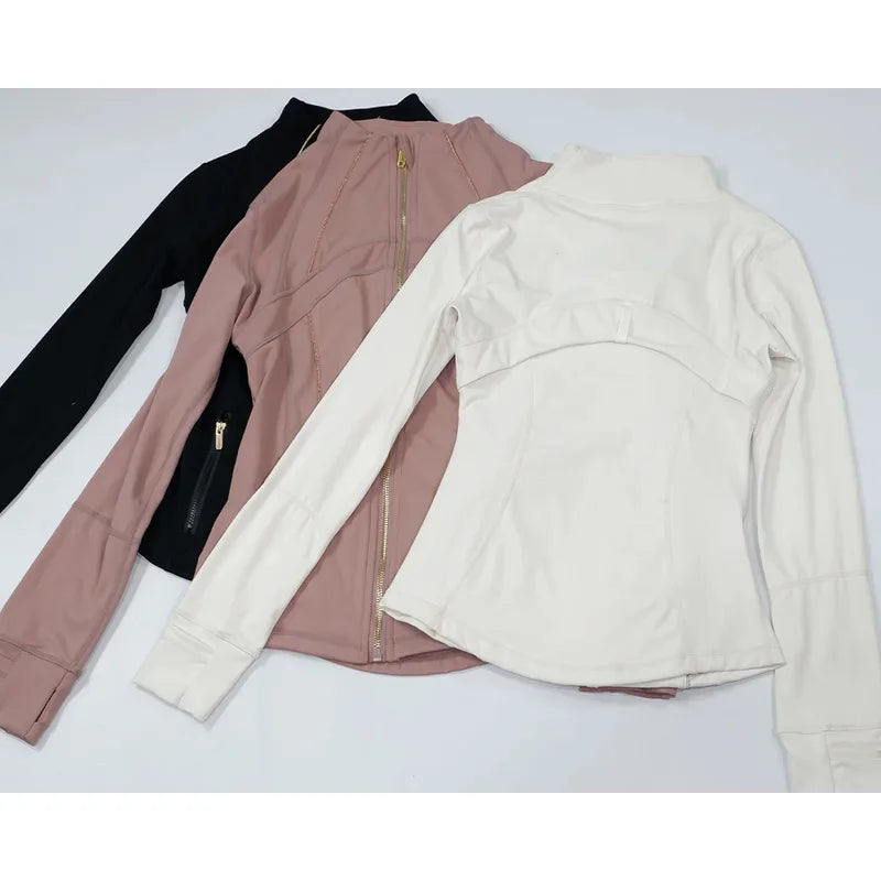 Women's Yoga Jacket with Golden Zipper | Slim Fit Stand Collar Cardigan | Anti-Slip Hem & Thumb Holes | Quick-Dry High Ela