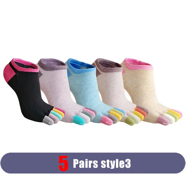 5 Pairs Woman Girl Toes Socks Ankle Cotton Bright Color Fashions Striped Love Cute Sweat-Absorbing Low Cut Five Finger Socks