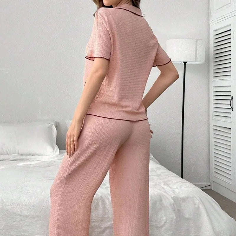 Women's Home Wear New Short-sleeved Trousers Cardigan Lapel Pajamas New Two-piece Home Wear Loungewear Women