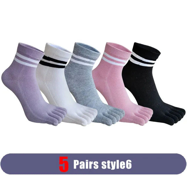 5 Pairs Woman Girl Toes Socks Ankle Cotton Bright Color Fashions Striped Love Cute Sweat-Absorbing Low Cut Five Finger Socks