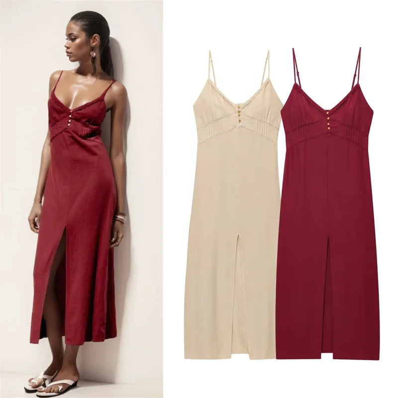 Women's Dresses 2025 New Linen Blend Suspenders Midi Skirt Women's Summer Long Dress