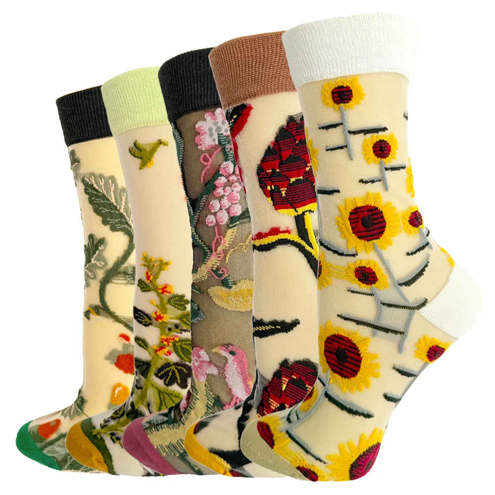 5 Pairs/Set France Hipster Design Glass Silk Floral Bird Funny Socks Women Transparent Art Ankle Socks Jacquard