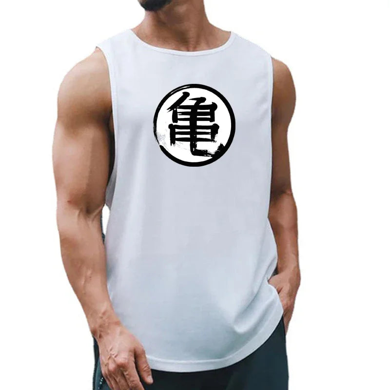 Japanese Anime Turtle Script Printed Summer Fitness Sports Tank Tops Men Gym Clothing Workout Sleeveles Shirt Loose Running Vest