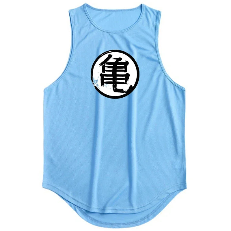 Japanese Anime Turtle Script Printed Summer Fitness Sports Tank Tops Men Gym Clothing Workout Sleeveles Shirt Loose Running Vest