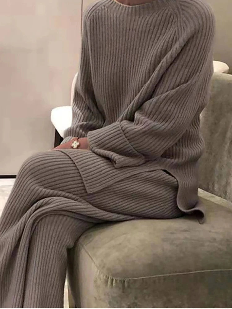 Women Elegant Sweater Suit Elegant Knitted Two Pieces Set Autumn Winter Oversized Pullover and Trousers Suit Female Outfits 2022