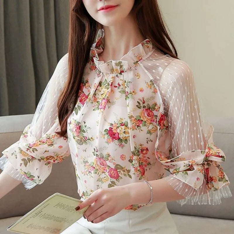 Women's Shirt and Blouse Simple Female Tops Lantern Sleeve Floral Elegant Social Youthful Woman Clothes Streetwear M Vintage Xl