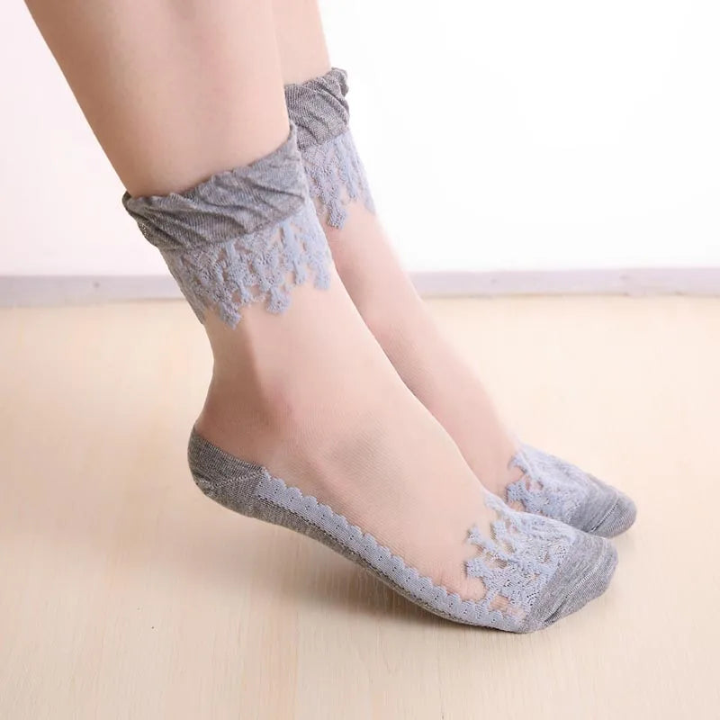 1 Pair Spring Summer Ladies Ultrathin Lace Embroidery Silk Transparent Glass Crytal Stretch Women Soft Elastic Breathable Socks