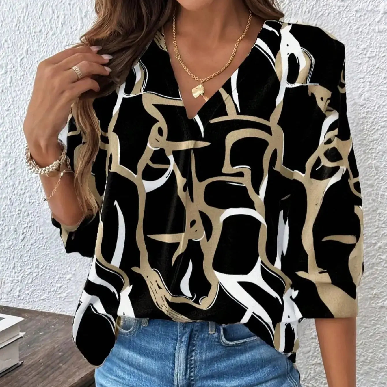 Women's Shirts Fashion Elegant Print V Neck Blouses 25 Spring Summer Metallic Accent Office Casual with Weekend Brunch Outfit