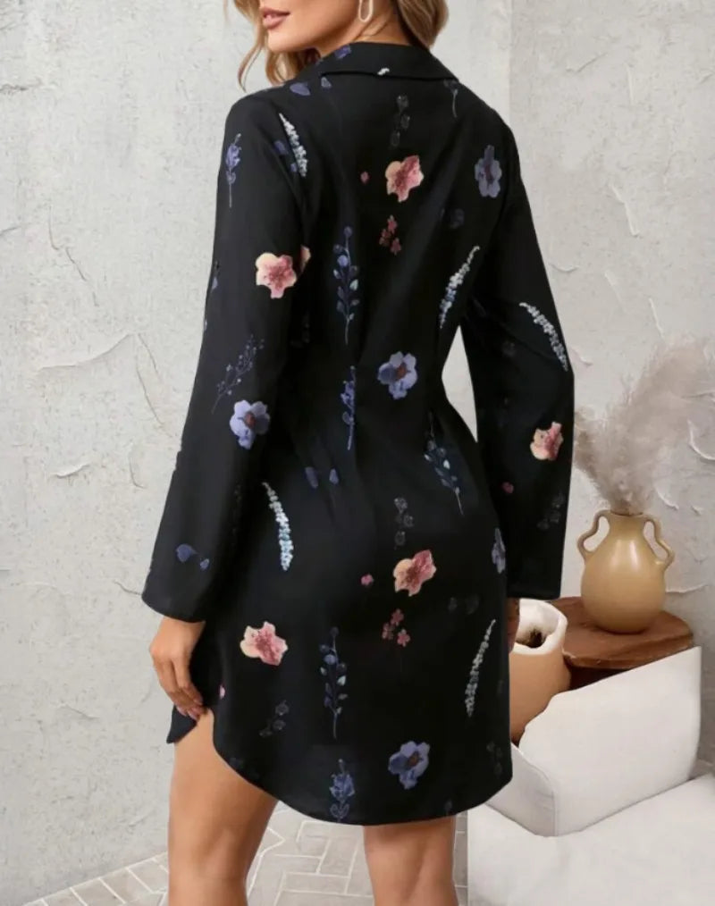 Women's Fashion Printed Comfortable Long-sleeved Lace-up Shirt Dress Ladies Mid-waist Single-breasted Gentle Casual Mini Dress