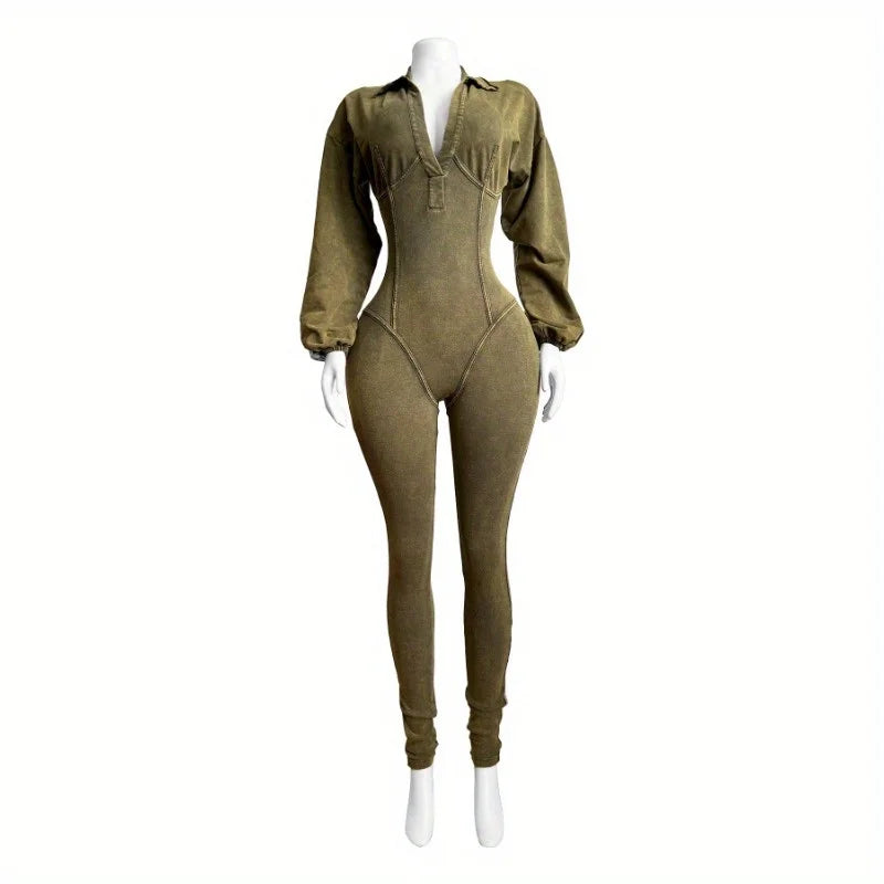 Costumes Accessories European and American Fashion Women's Clothing Washed and Worn Deep V Tight Long-sleeved Autumn Jumpsuits