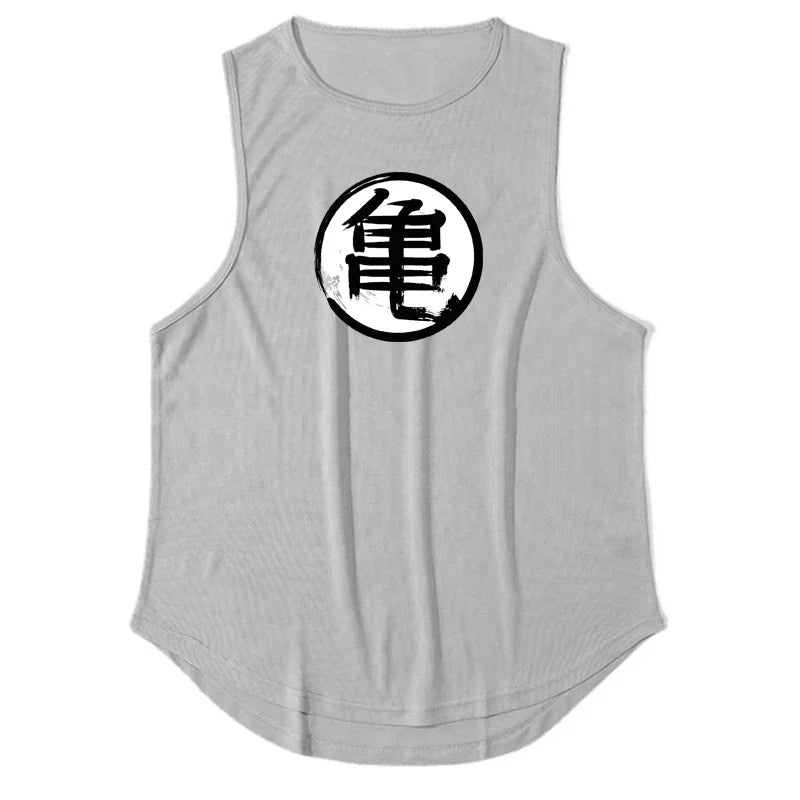 Japanese Anime Turtle Script Printed Summer Fitness Sports Tank Tops Men Gym Clothing Workout Sleeveles Shirt Loose Running Vest