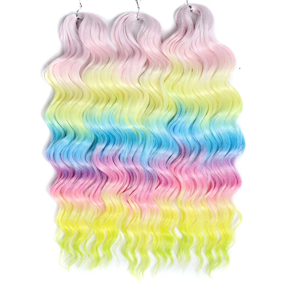 FASHION IDOL 24" 3pcs Deep Wave Curl Hair Synthetic Water Wave Braiding Hair Extensions Ombre Rainbow color Twist Crochet Hair