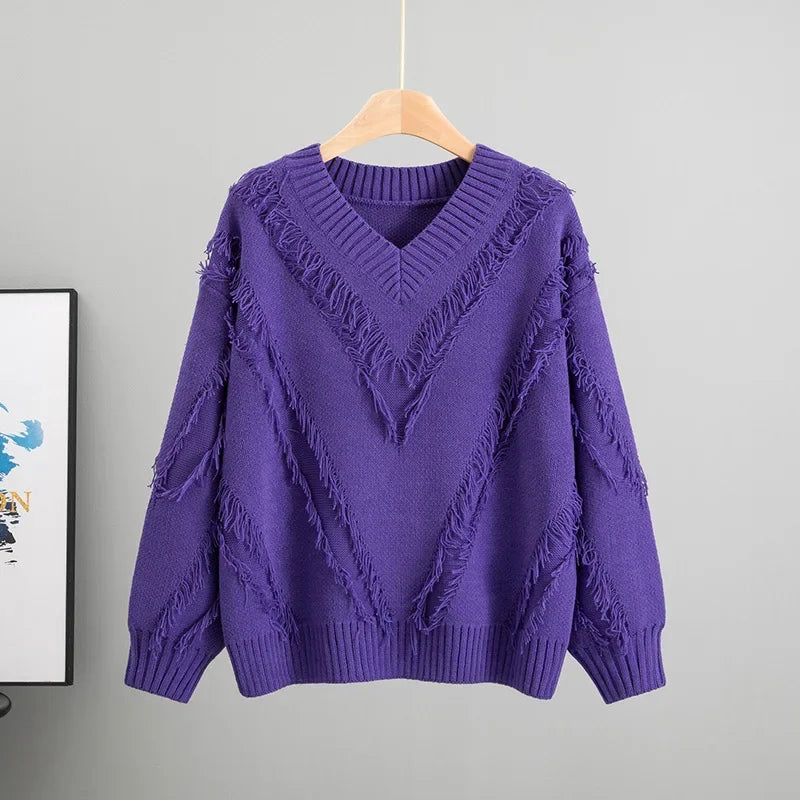 European and American New Women Clothing 2025 Autumn Lazy Wind Striped V-neck Sweater Loose Pullover Knitted Sweater Women