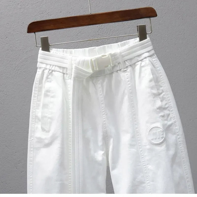 Women Harem Pants Cotton Sweat Pants Elastic Waist Office Lady Loose Casual Trousers with Belt Fashion Ankle Banded Red White