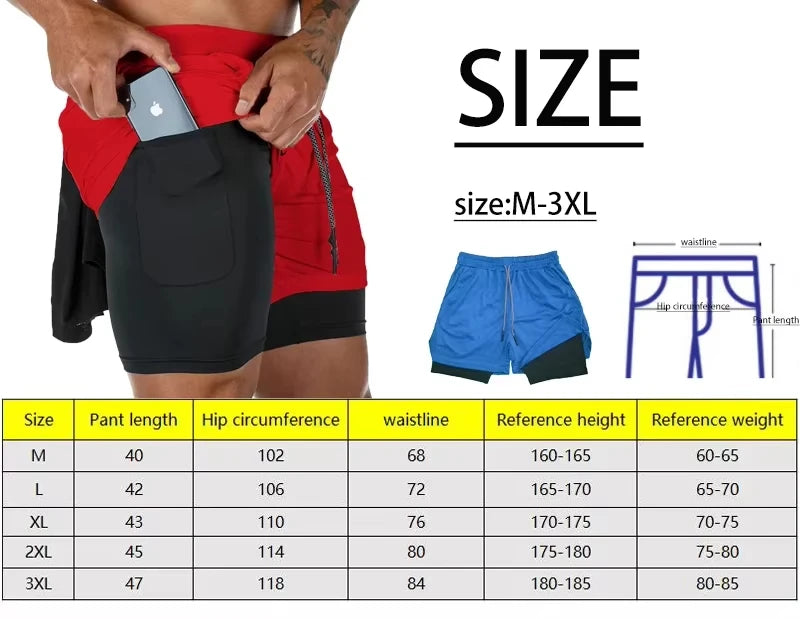 Men's Two-in-one Sports Shorts Breathable Casual Quick-drying Double-layer Shorts Summer Running Sportswear Bottoms M-3XL RL0244