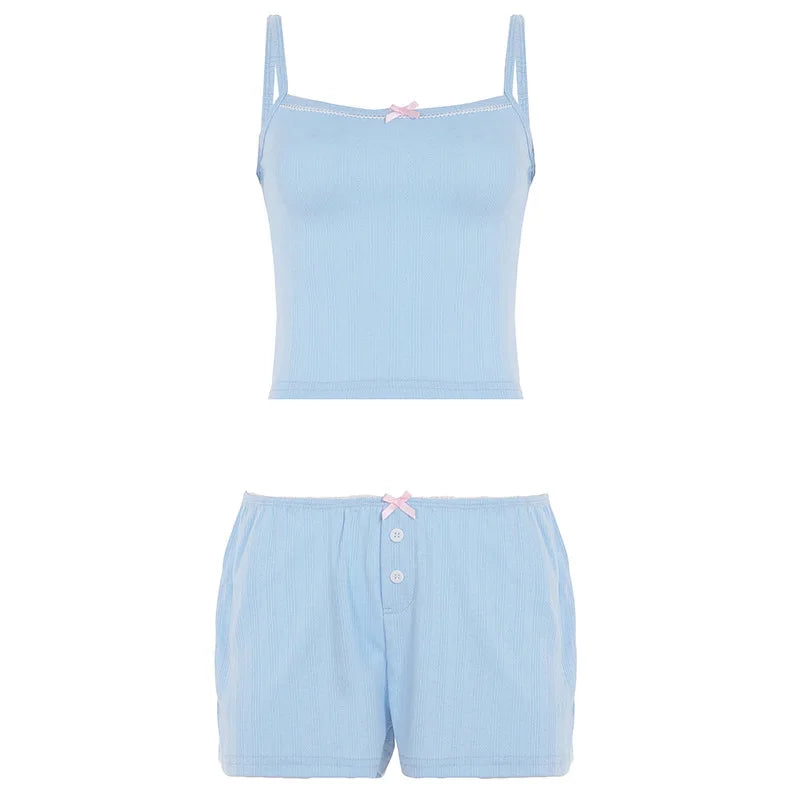 Stylish Sleepwear for Women Shorts Set Casual Minimalist Bow Detail Camisole and Shorts Breathable Two Piece Set Y2K