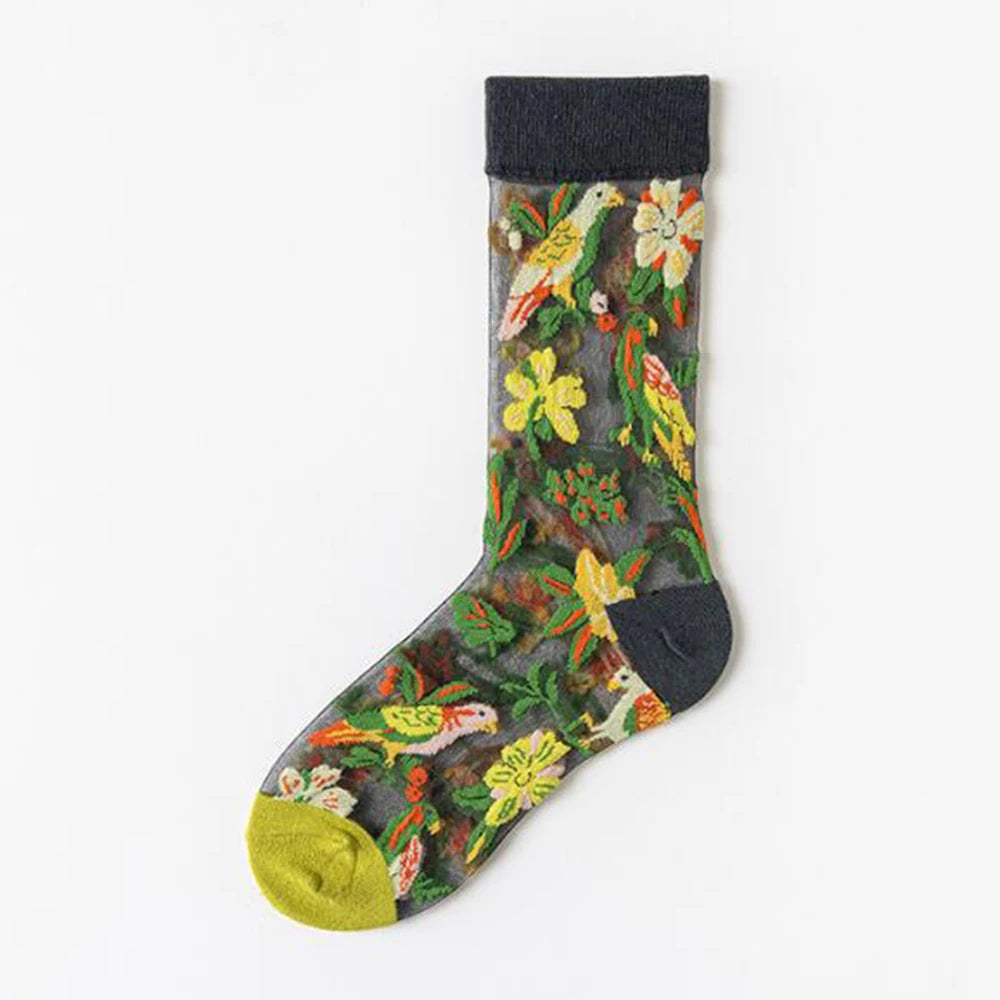 5 Pairs/Set France Hipster Design Glass Silk Floral Bird Funny Socks Women Transparent Art Ankle Socks Jacquard