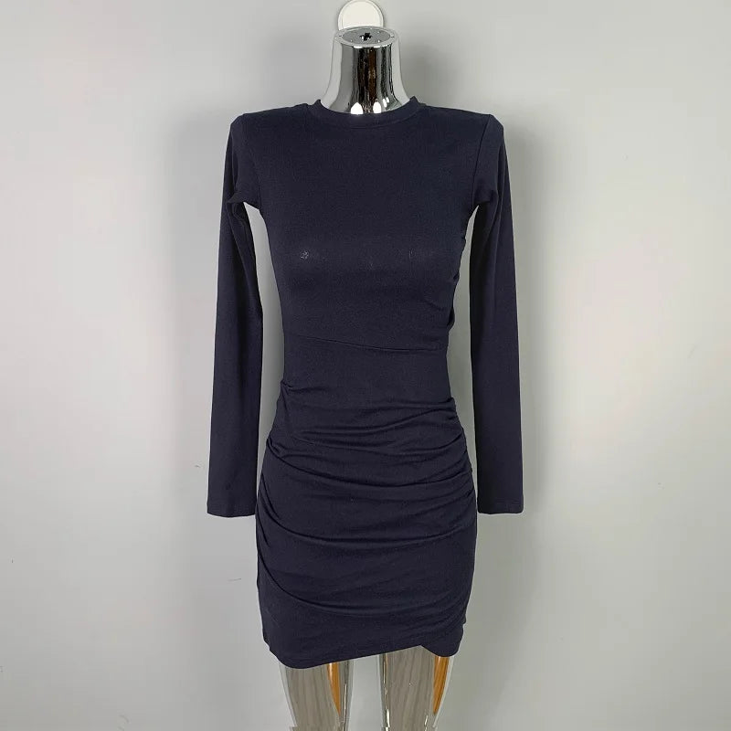 Women's Dresses 2025 Spring Autumn Casual Fitting Slim Plain Ruched Long Sleeve Crew Neck Mini Bodycon High Street Dress