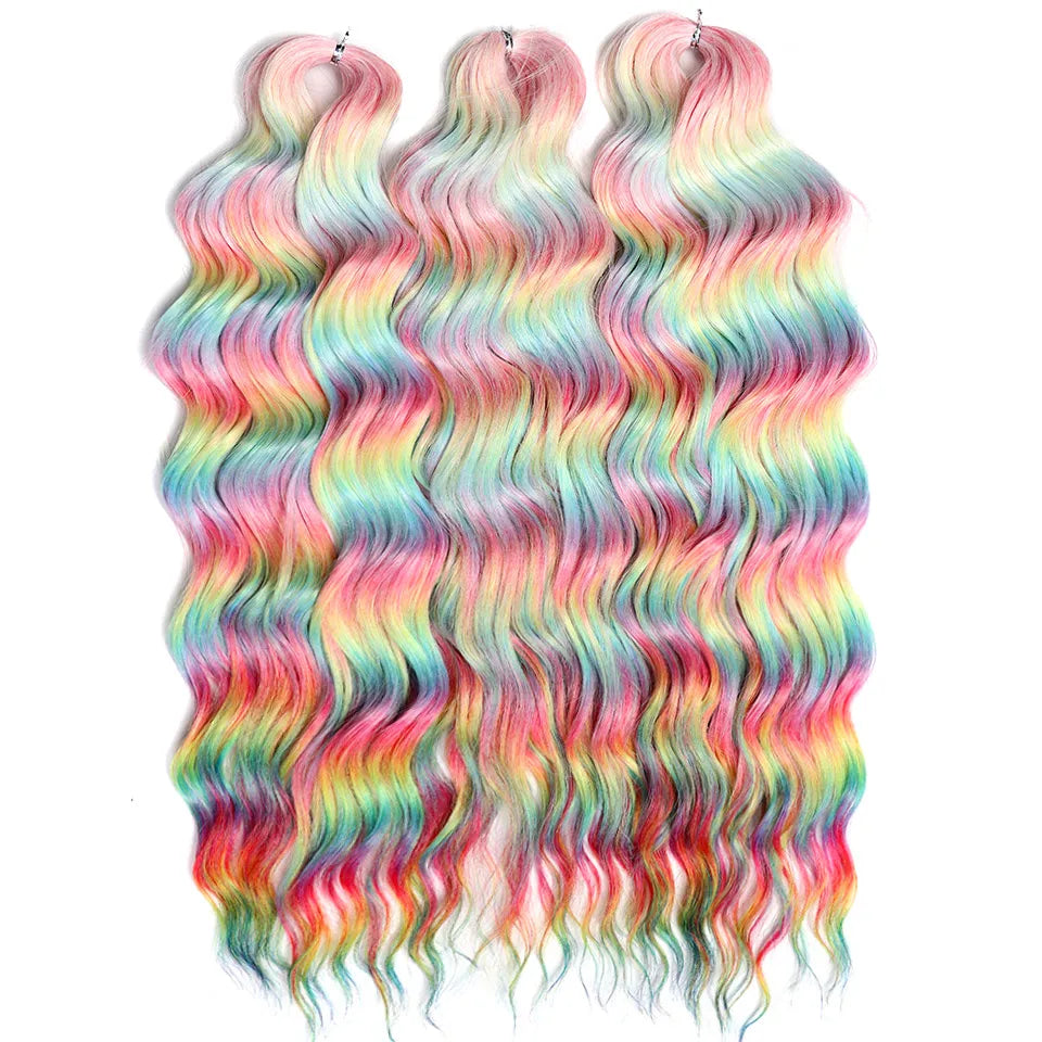 FASHION IDOL 24" 3pcs Deep Wave Curl Hair Synthetic Water Wave Braiding Hair Extensions Ombre Rainbow color Twist Crochet Hair