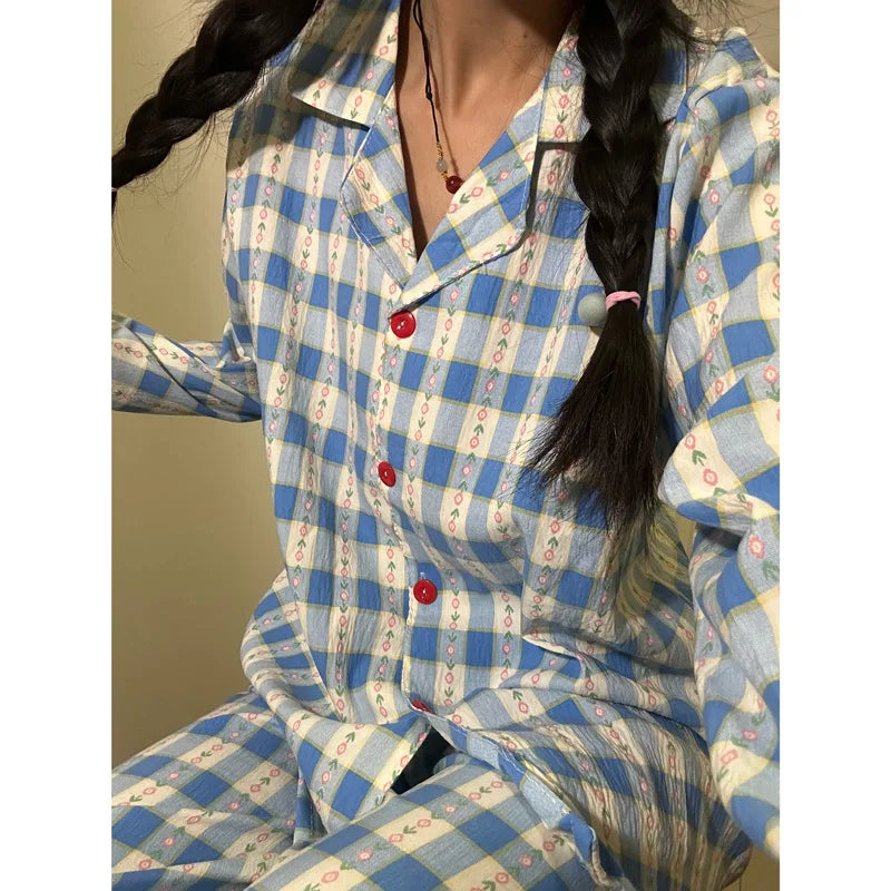 Autumn and Winter Women Nightwear Plaid Rose Striped Long Sleeve Trousers Pajamas Loungewear Plus Size Two-Piece Set Sleepwear