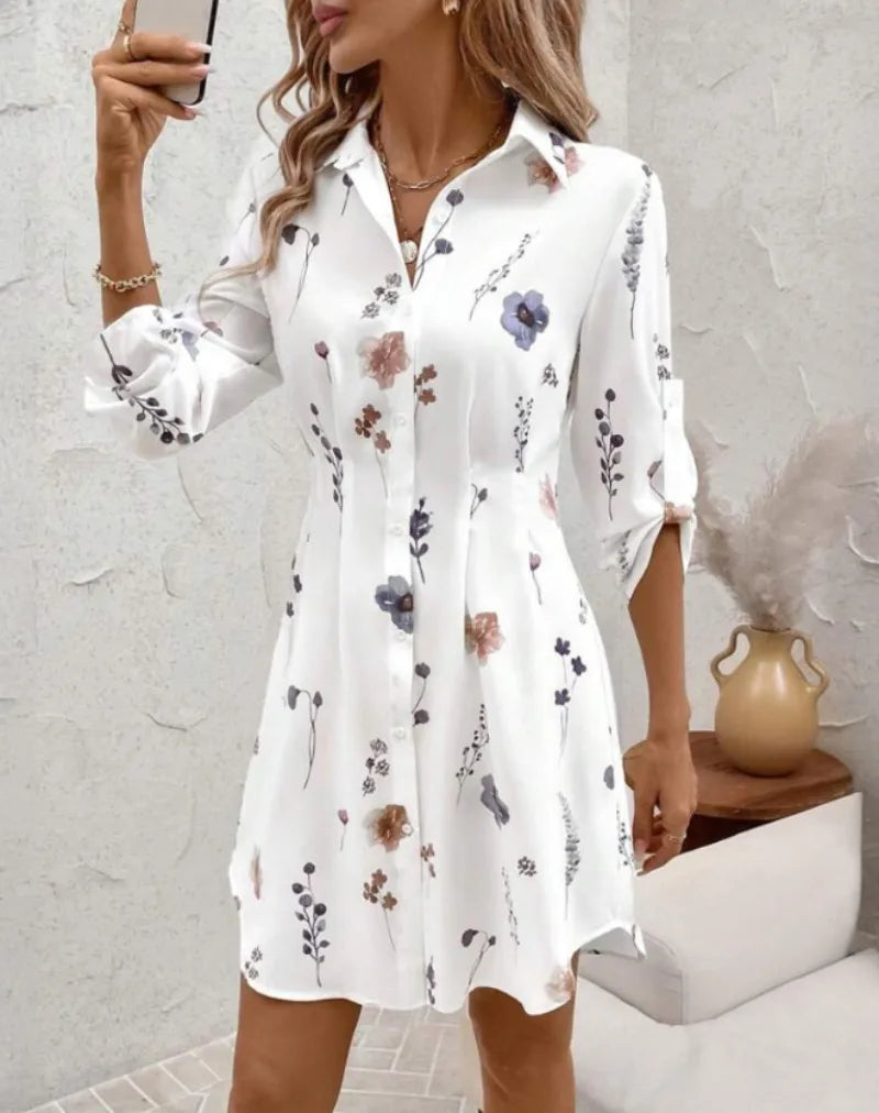Women's Fashion Printed Comfortable Long-sleeved Lace-up Shirt Dress Ladies Mid-waist Single-breasted Gentle Casual Mini Dress