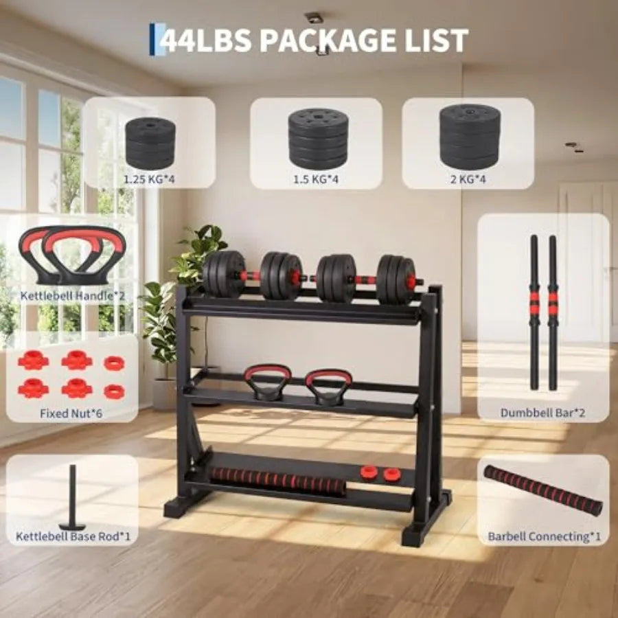 Adjustable Dumbbell Set 44/55/66lbs Free Weights Dumbbells Set 4 in 1 Dumbbells Set Used as Dumbbell Barbell Kettlebell Push-Up