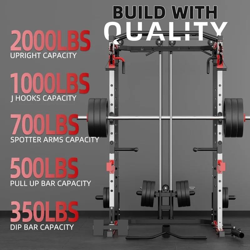 Smith Machine, Power Rack with LAT Pulldown System, Power Cage with Cable System, Squat Rack with Chest Press Machine