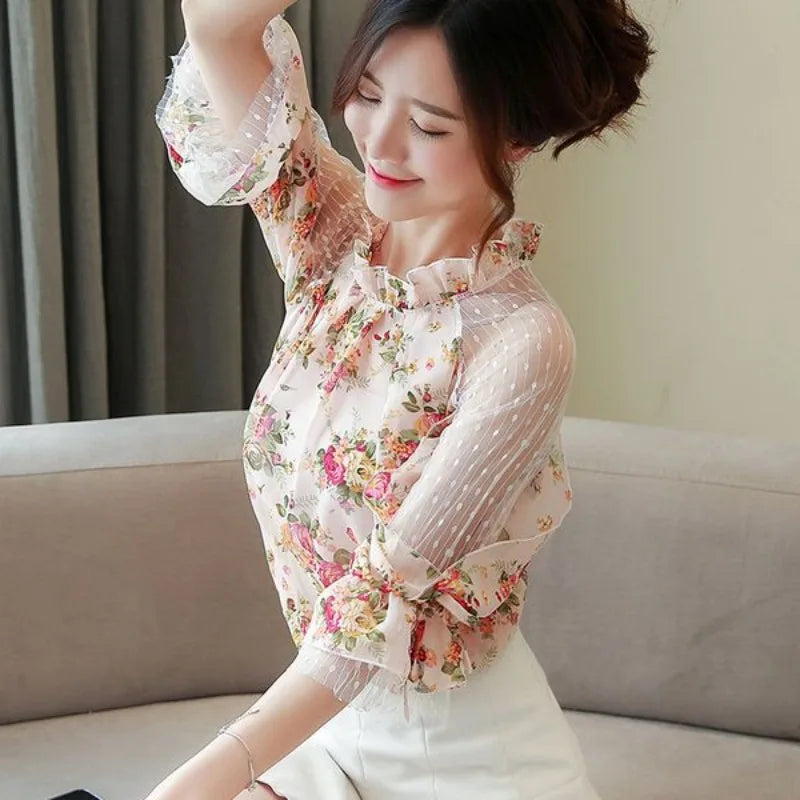 Women's Shirt and Blouse Simple Female Tops Lantern Sleeve Floral Elegant Social Youthful Woman Clothes Streetwear M Vintage Xl