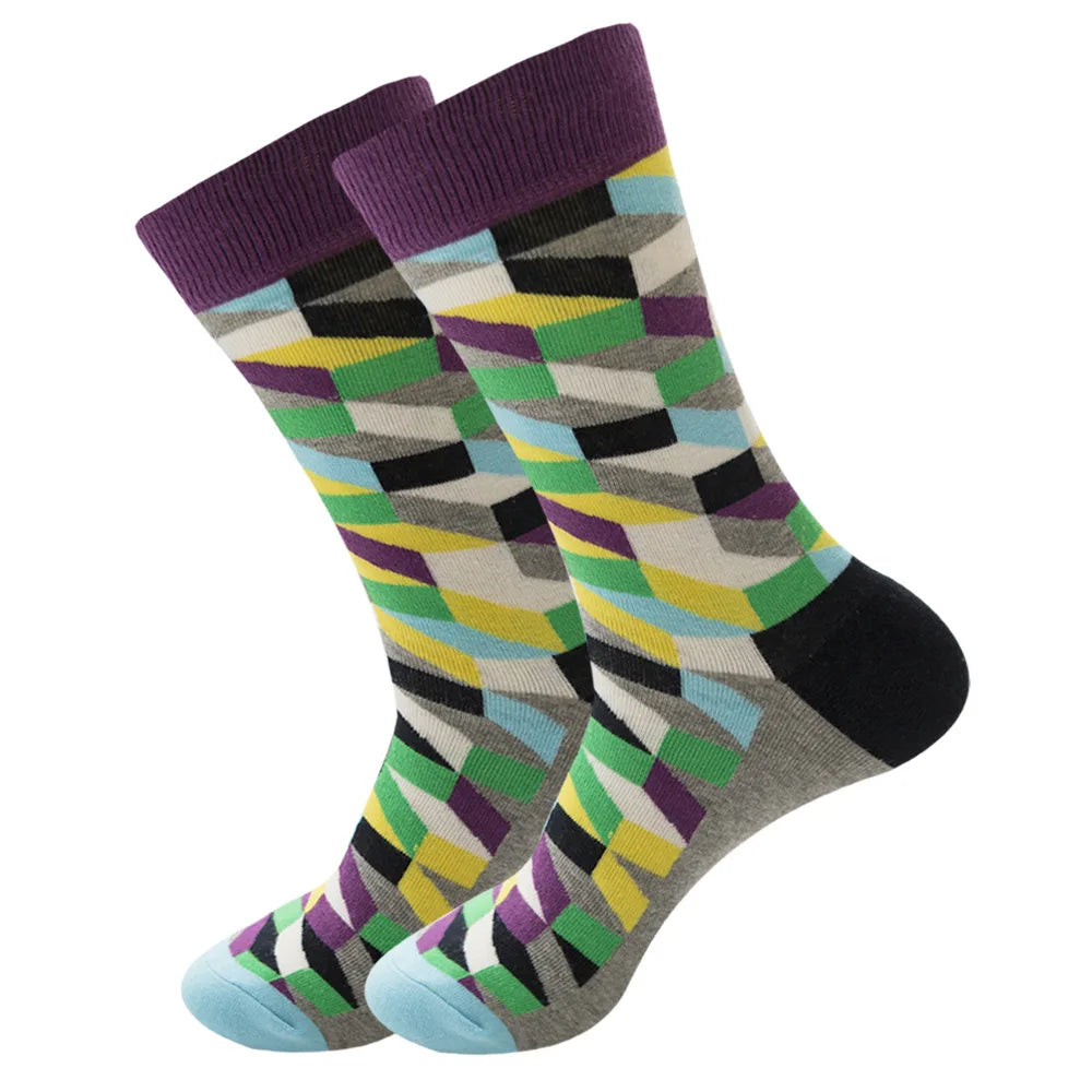Men's Happy socks Colorful striped women's socks High quality checkered diamond geometry Harajuku combed cotton socks gift socks