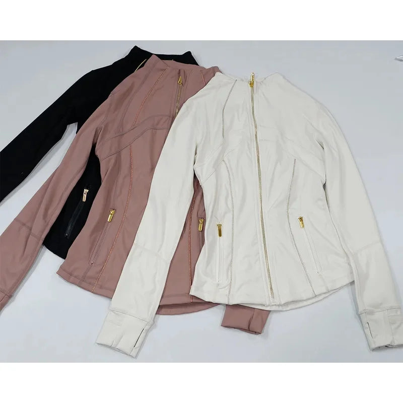 Women's Yoga Jacket with Golden Zipper | Slim Fit Stand Collar Cardigan | Anti-Slip Hem & Thumb Holes | Quick-Dry High Ela