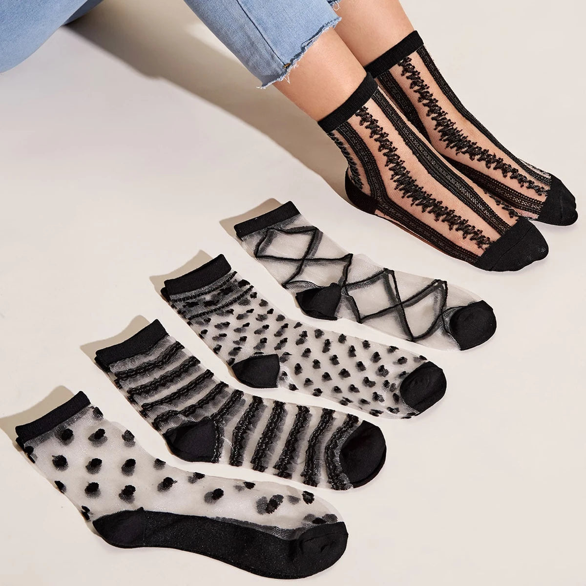 5 Pairs Women's Lace Socks Summer Fashion Sexy Transparent Thin Socks Women Non-slip Ultra-thin Socks Female Ankle Sock