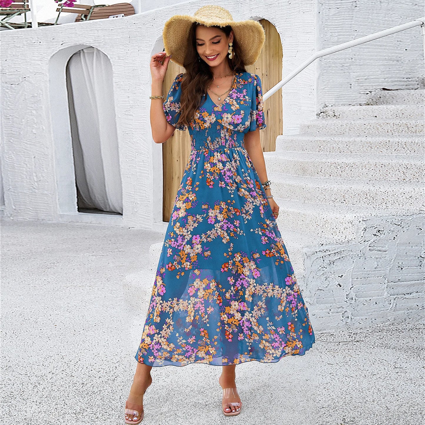 Women's clothing 2025 spring and summer, temperament printing waist short sleeves, dresses, long styles