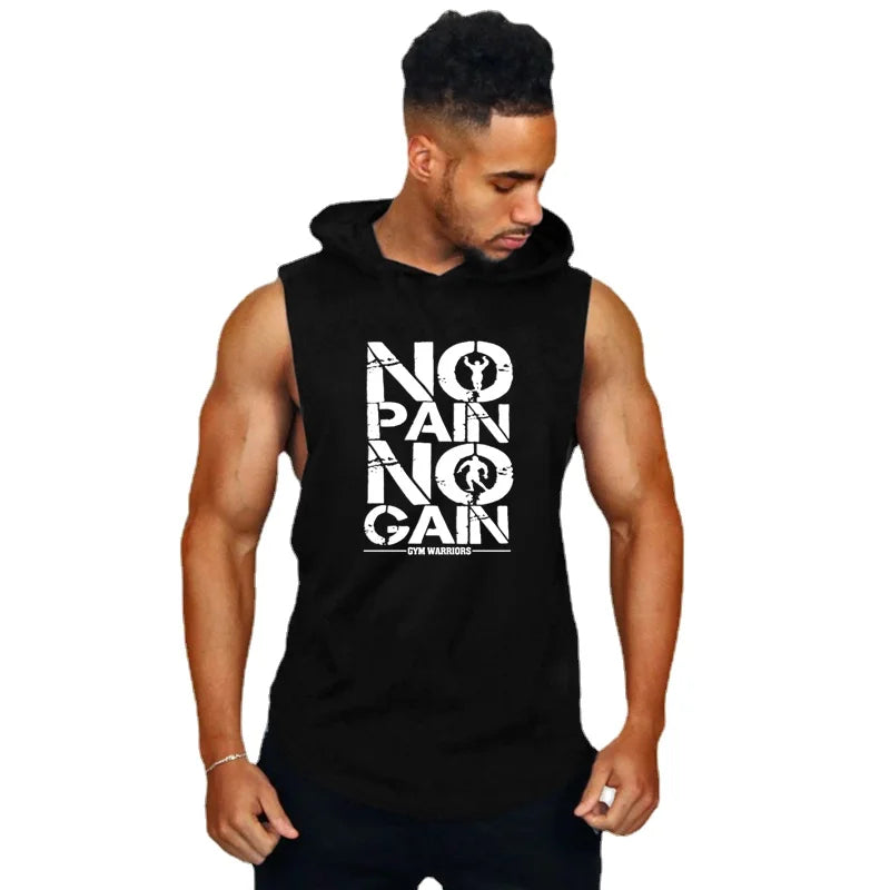 Mens Bodybuilding Sleeveless Hooded Shirts Summer Breathable Loose Cotton Hip Hop Tank Tops Gym Workout Fitness Muscle Hoodie