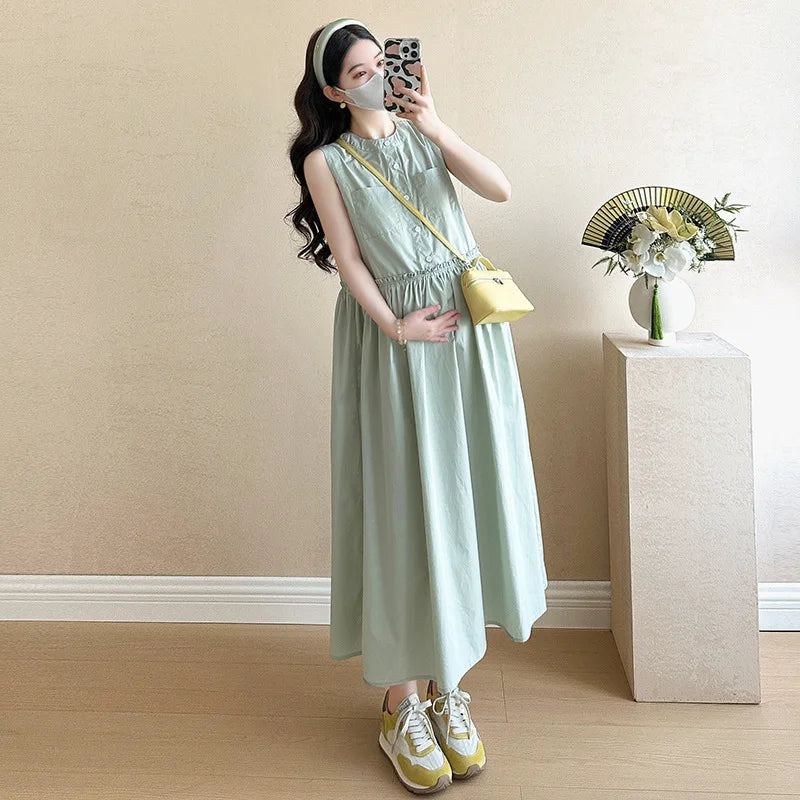 Pregnant Women's Clothing 2025 New Style Small Fresh Age Reducing Sleeveless Vest Long Skirt Loose Temperament Dress