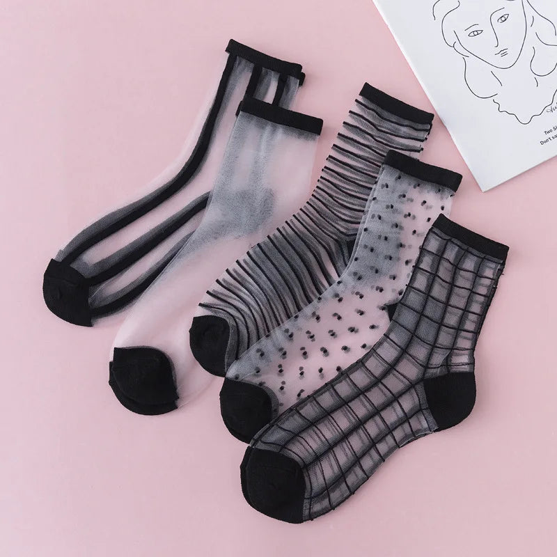 5 Pairs Women's Lace Socks Summer Fashion Sexy Transparent Thin Socks Women Non-slip Ultra-thin Socks Female Ankle Sock