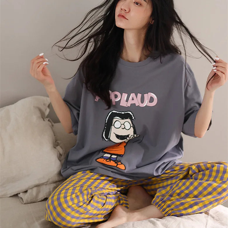 Women's Fall and Winter Pajamas Short-Sleeved Pants Suit Sleepwear Homewear Letters Strawberry Plaid Pants Nightwear Loungewear