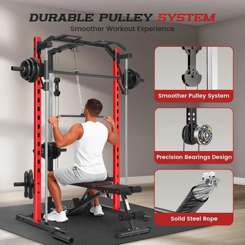 OPPSDECOR Smith Machine Power Rack for Home Gym - All-in-One Power Cage Squat Rack with LAT Pulldown, Cable Machine